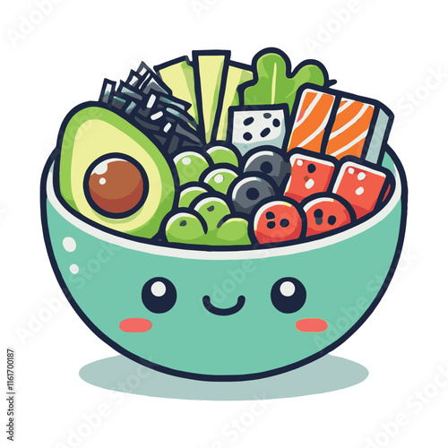 cartoon poke bowl filled with vegetable, fruit, meat in white background