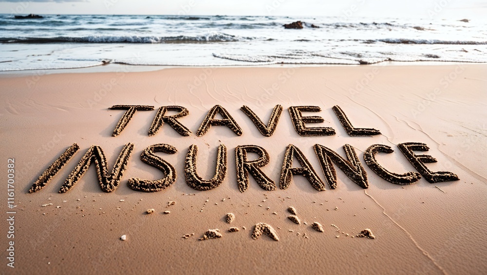 Fototapeta premium travel insurance concept, text words written on the sand 