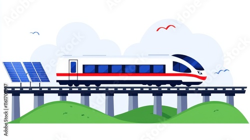 Innovative Electric Train Featuring Solar Panels in Motion Surrounded by Lush Greenery Illustrating Sustainable Transportation and Clean Energy Solutions