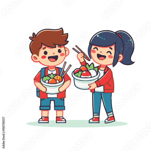 cartoon boy and girl eating with a bowl