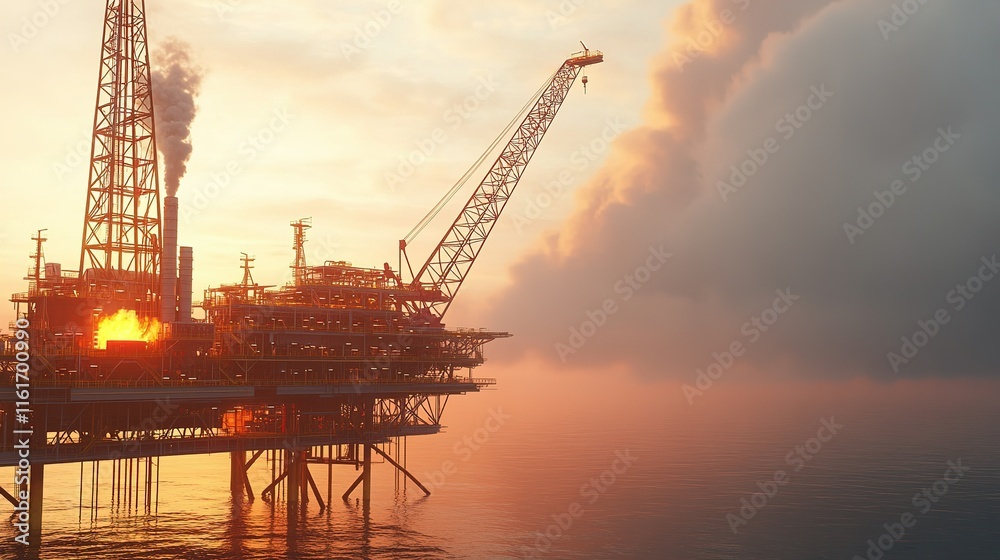 Obraz premium Oil drilling rig in the middle of the sea, panoramic view.