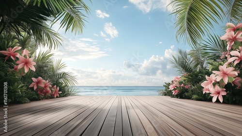 A beach scene with a wooden boardwalk and a view of the ocean