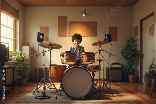 Young Drummer Boy Playing Drums in Home Studio