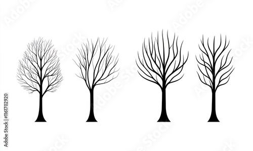 Four bare, leafless trees in winter, silhouettes.