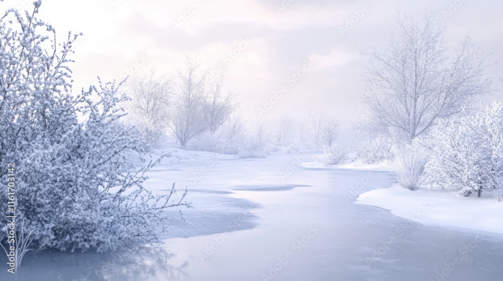 a frozen pond in the middle of a snowy landscape, surrounded by leafless trees and bushes covered in frost. The ice reflects the pale winter sky, creating a serene and magical scene. a frozen pond in the middle of a snowy landscape, surrounded by leafless trees and bushes covered in frost. The ice reflects the pale winter sky, creating a serene and magical scene.