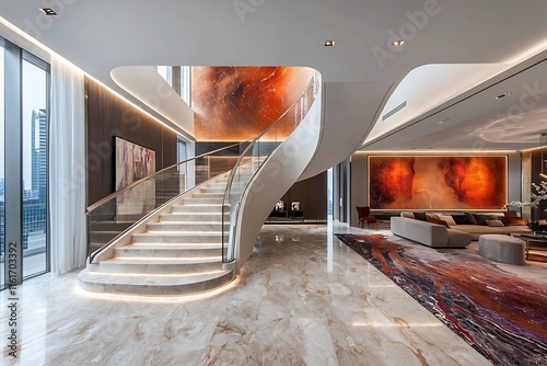 A unique, U-shaped staircase in a luxurious penthouse apartment, featuring a glass balustrade and sleek steel handrails, with contemporary art on the walls. photo