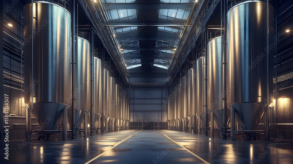 A large industrial building with many tanks and pipes. Scene is industrial and somewhat ominous A large industrial building with many tanks and pipes. Scene is industrial and somewhat ominous