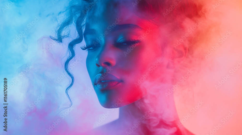 Stunning portrait of a woman with beautiful curls surrounded by colorful smoke effects Stunning portrait of a woman with beautiful curls surrounded by colorful smoke effects