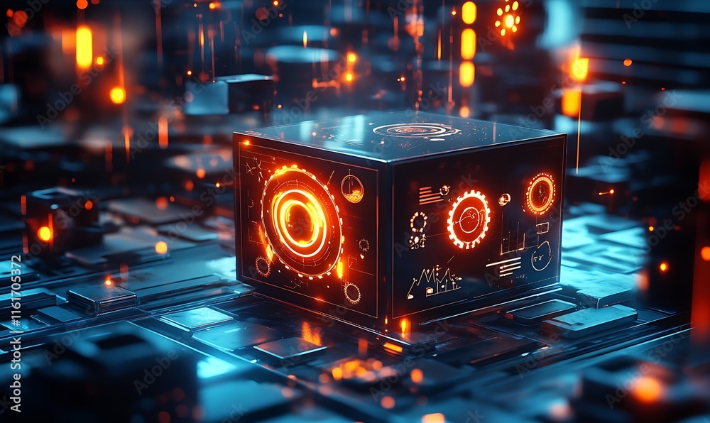 Fototapeta premium A futuristic cube with glowing circuits and data streams in a digital environment.