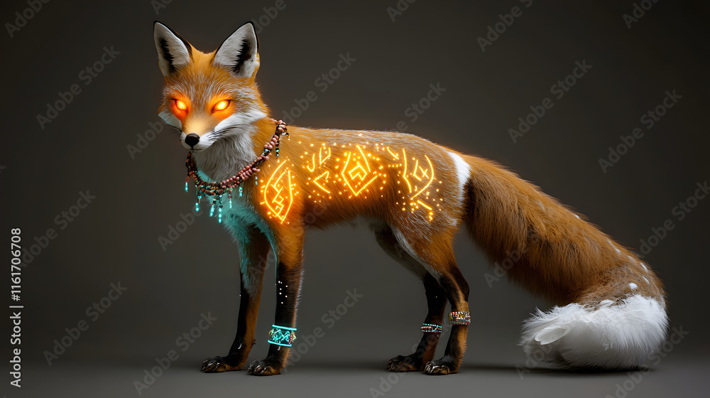 Obraz premium fantasy style boho fox with glowing tribal markings and vibrant colors