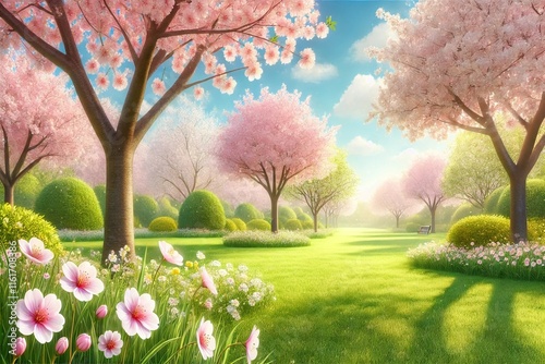 Beautiful Spring Scene with Cherry Trees in Bloom
