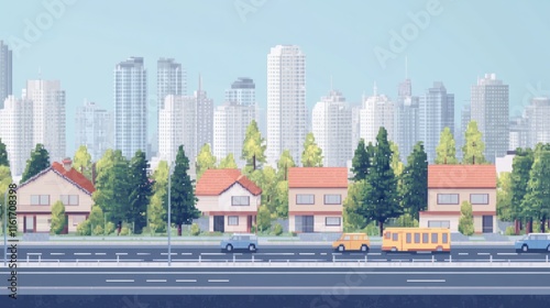 Pixel art city background with colorful houses trees a road with vehicles and a vibrant skyline of tall buildings. Ideal for urban themes retro aesthetics video games city planning educational photo