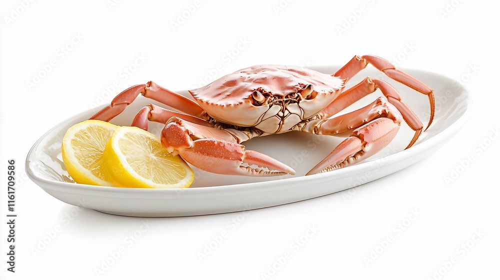 Cooked crab on white plate with lemon slices. Cooked crab on white plate with lemon slices.