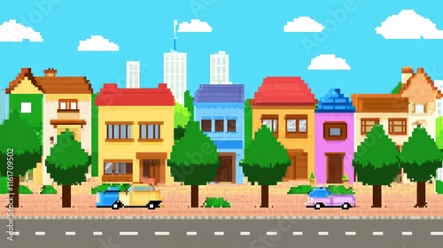 Pixel art city background with colorful houses trees a road with vehicles and a vibrant skyline of tall buildings. Ideal for urban themes retro aesthetics video games city planning educational photo