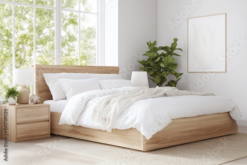 A serene bedroom featuring a wooden bed, plants, and natural light.