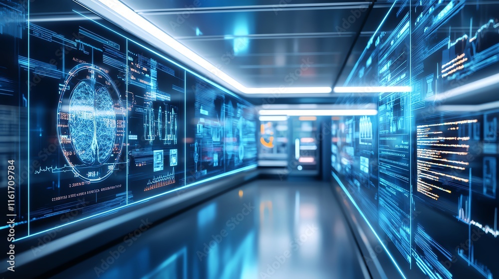 Fototapeta premium Futuristic hallway with glowing screens and digital interfaces.