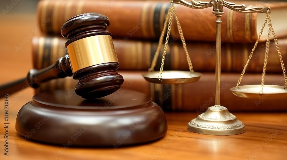 A gavel and scales of justice on a wooden surface, symbolizing law and fairness. A gavel and scales of justice on a wooden surface, symbolizing law and fairness.