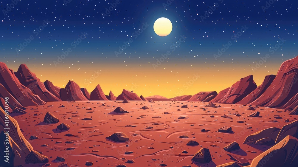 Martian Landscape Under a Full Moon and Starry Sky Martian Landscape Under a Full Moon and Starry Sky