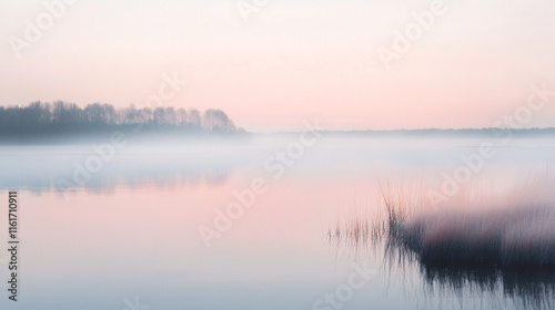 Serene morning mist over a calm lake at dawn with soft pastel colors