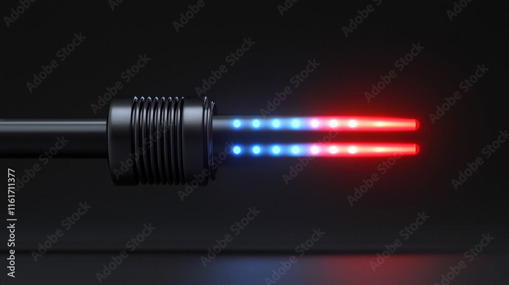 Futuristic dual-light device emitting blue and red beams. Futuristic dual-light device emitting blue and red beams.