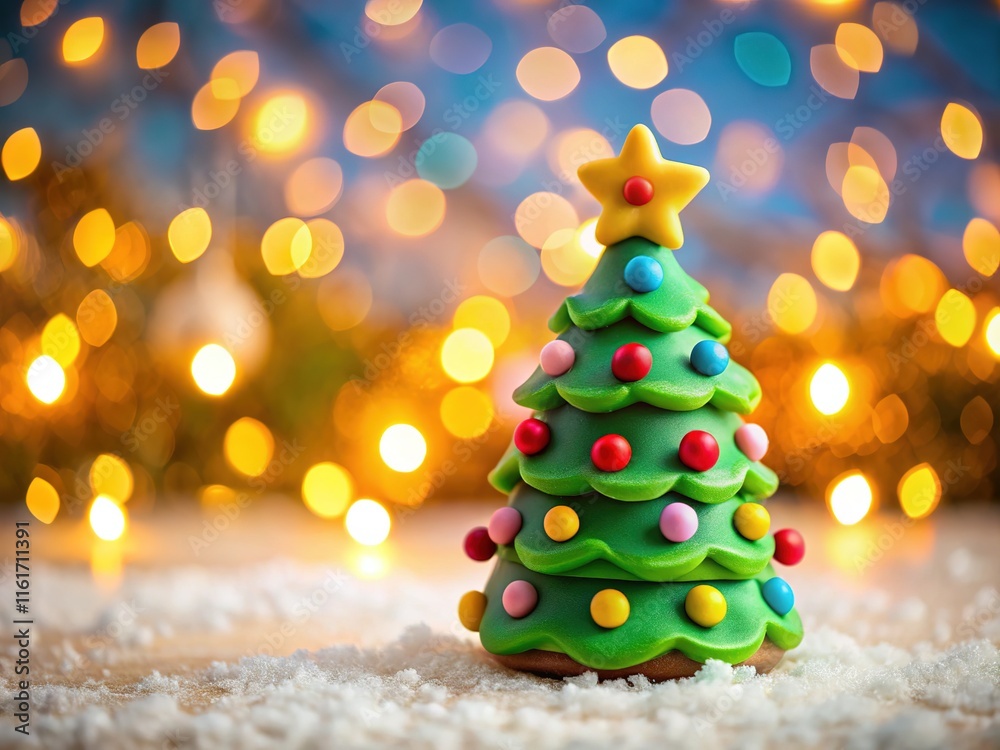 Miniature Fondant Christmas Tree with Star, Blurred Lights Miniature Fondant Christmas Tree with Star, Blurred Lights