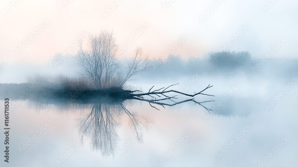 Obraz premium Mysterious morning fog over calm waters with trees reflecting in stillness