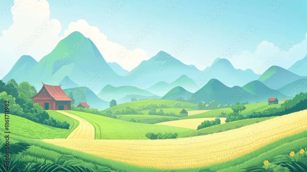 Fototapeta premium Rural Landscape with Rolling Hills, Green Fields, and a Small Farmhouse