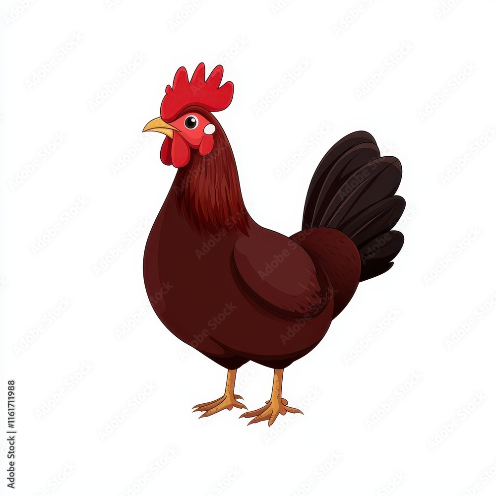 Fototapeta premium Colorful Cartoon Hen with Red Comb and Feathered Tail, Standing Proudly Against a White Background Ideal for Illustrations and Designs Related to Farming and Animals