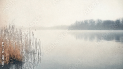 Misty morning over a tranquil lake with tall grasses on the shore