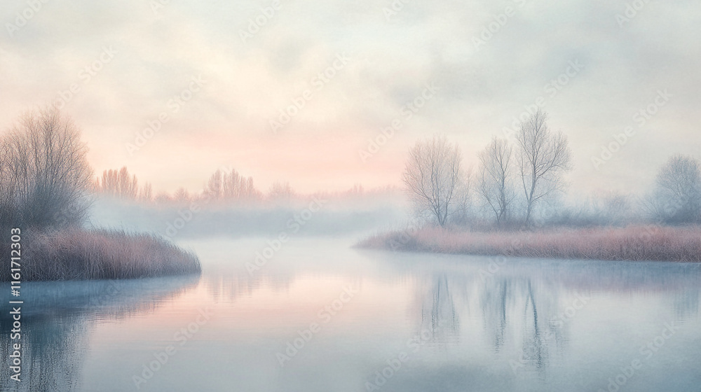 Serene winter morning by the calm river with mist and soft pastel colors Serene winter morning by the calm river with mist and soft pastel colors