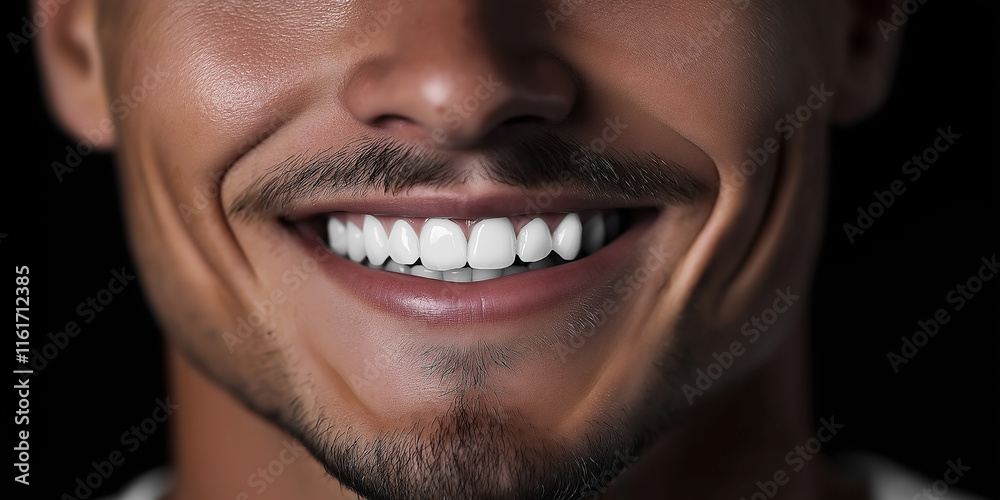 Fototapeta premium Man smiling showing white teeth and mustache on black background