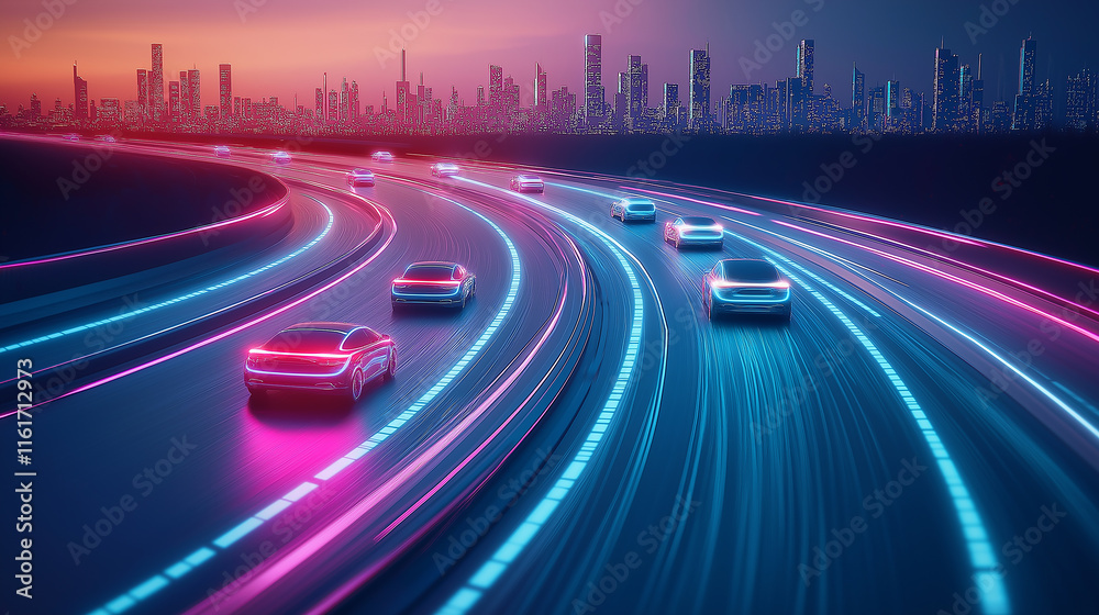 Autonomous electric vehicles driving on futuristic highway at night towards city skyline Autonomous electric vehicles driving on futuristic highway at night towards city skyline