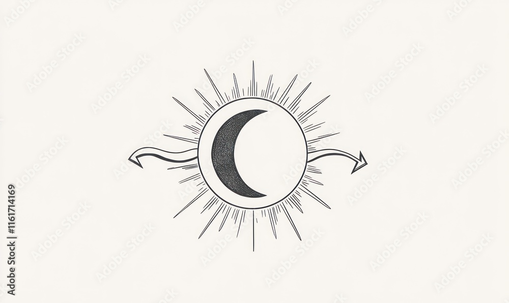 Fototapeta premium Crescent moon inside sunburst with arrows.
