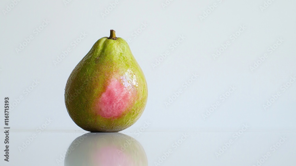 A single pear with a glossy surface and a pink blush. A single pear with a glossy surface and a pink blush.