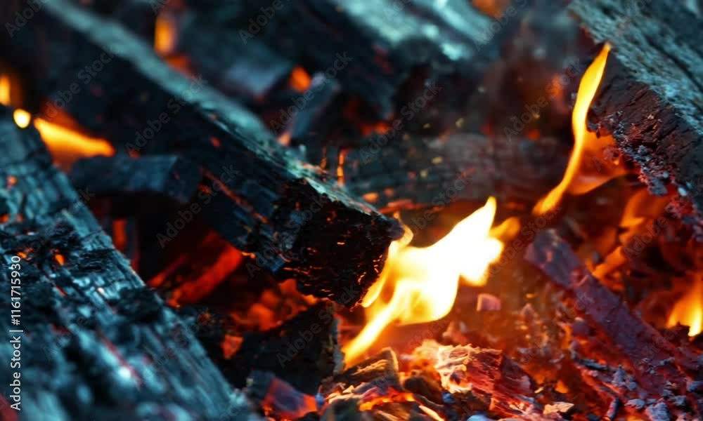 Close-Up View of Glowing Embers and Charred Wood Pieces in Fiery Red and Orange Colors Close-Up View of Glowing Embers and Charred Wood Pieces in Fiery Red and Orange Colors