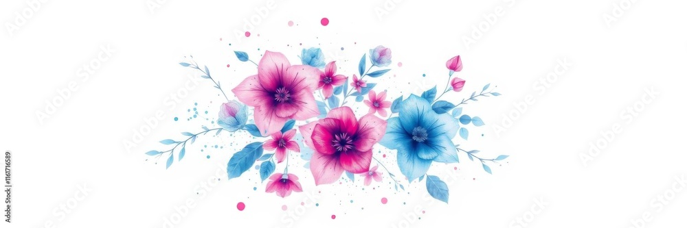 Obraz premium Watercolor painting of leaves and flowers with pink and blue splash on white background, flowers, splash, blue