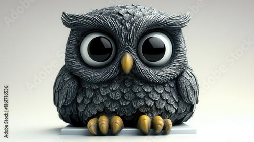 A cute, stylized owl sculpture with large eyes and textured feathers. photo