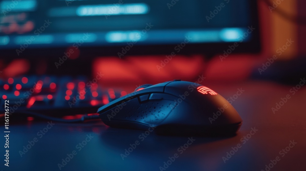 High-Tech Gaming Mouse with Neon Lights and Blurred Background High-Tech Gaming Mouse with Neon Lights and Blurred Background