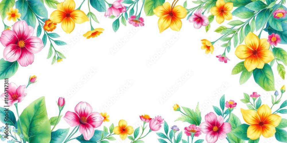 Watercolor illustration of a white background with lush green plants, vibrant yellow flowers, and an empty space in the middle for copy, vibrant, copyspace, colorful Watercolor illustration of a white background with lush green plants, vibrant yellow flowers, and an empty space in the middle for copy, vibrant, copyspace, colorful