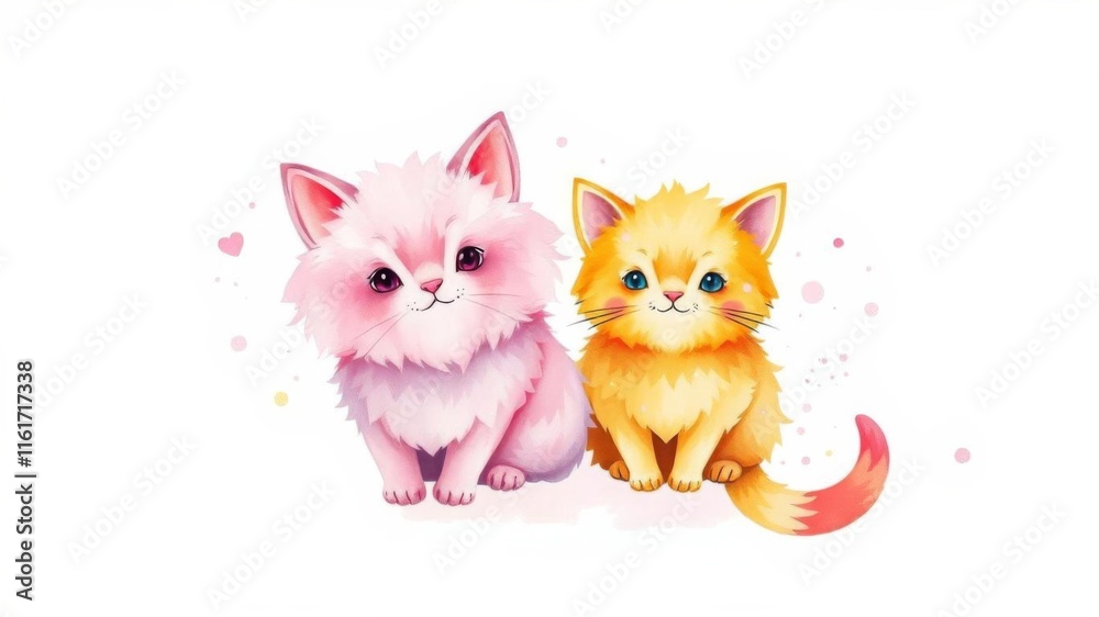 Obraz premium Watercolor illustration of adorable pink cats surrounded by empty copy space, pet, domestic, whimsical