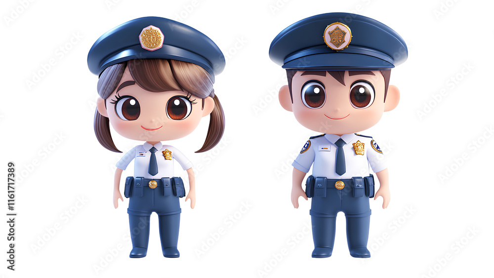 Adorable 3D Police Officer Characters - Male and Female in Uniform Adorable 3D Police Officer Characters - Male and Female in Uniform