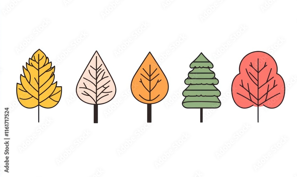 Fototapeta premium Five stylized autumn trees and leaves.