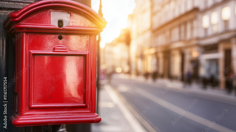 Obraz premium Historic red mailbox stands prominently on a British street, symbolizing timeless communication and cultural heritage.