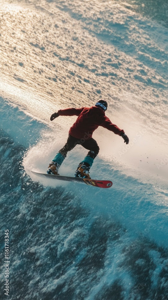 Snowboarder carving a turn down a snowy slope Snowboarder carving a turn down a snowy slope