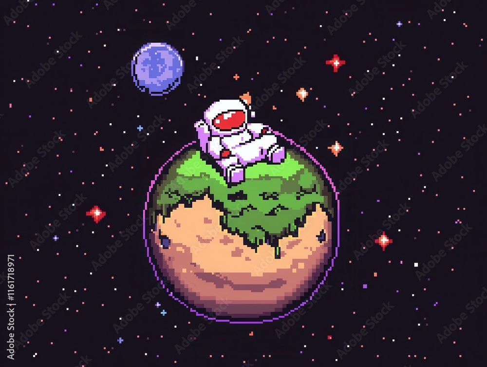 Fototapeta premium A playful 8-bit pixel art of glowing pixelated astronauts playing with a glowing cosmic beach ball on a pixelated alien planet, surrounded by glowing craters, tiny sparkling comets, and colorful 