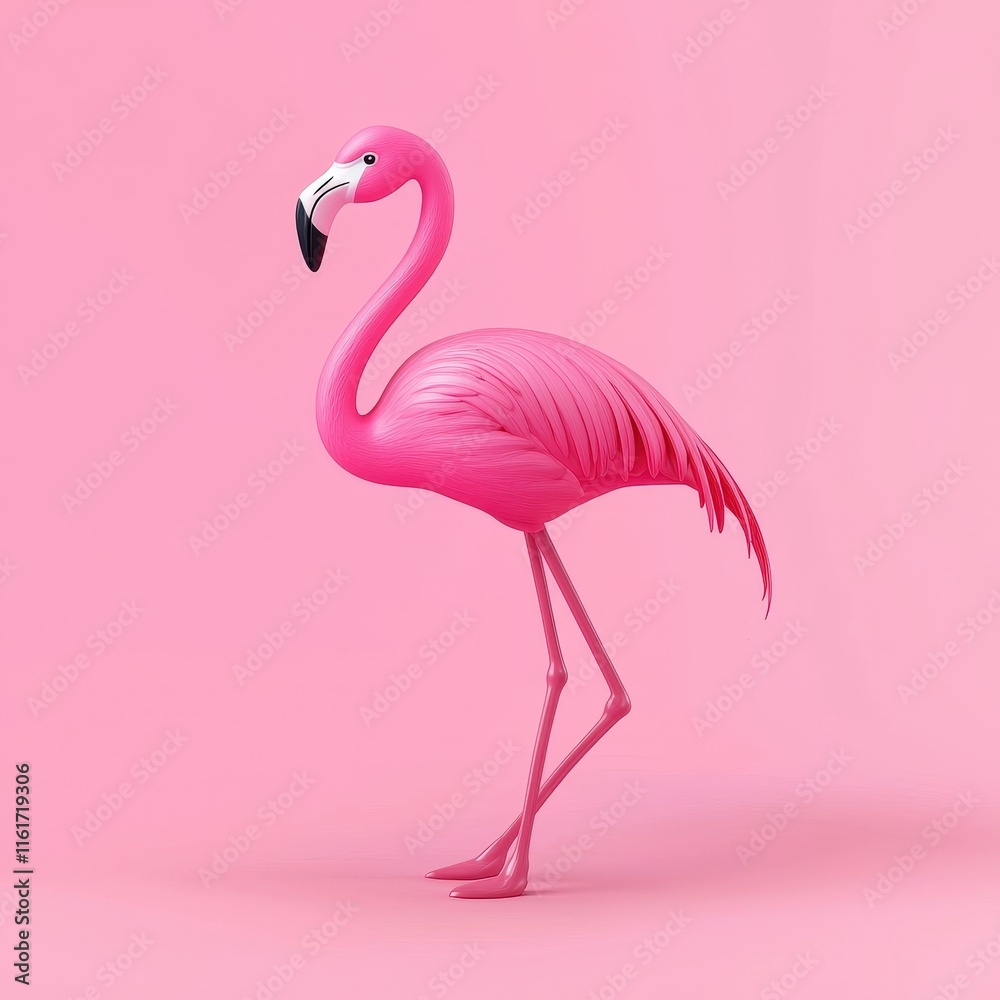 Fototapeta premium Vibrant Pink Flamingo Standing Gracefully Against a Soft Pink Background Evoking Playfulness and Tropical Vibes in a Whimsical Artistic Style
