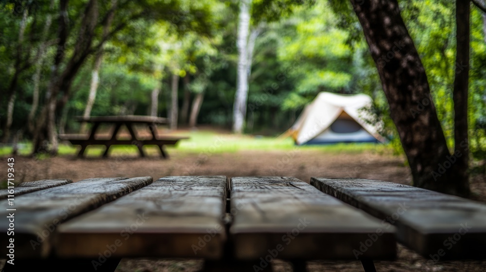 Wood table and Blurred camping and tents in forest. Wood table and Blurred camping and tents in forest.