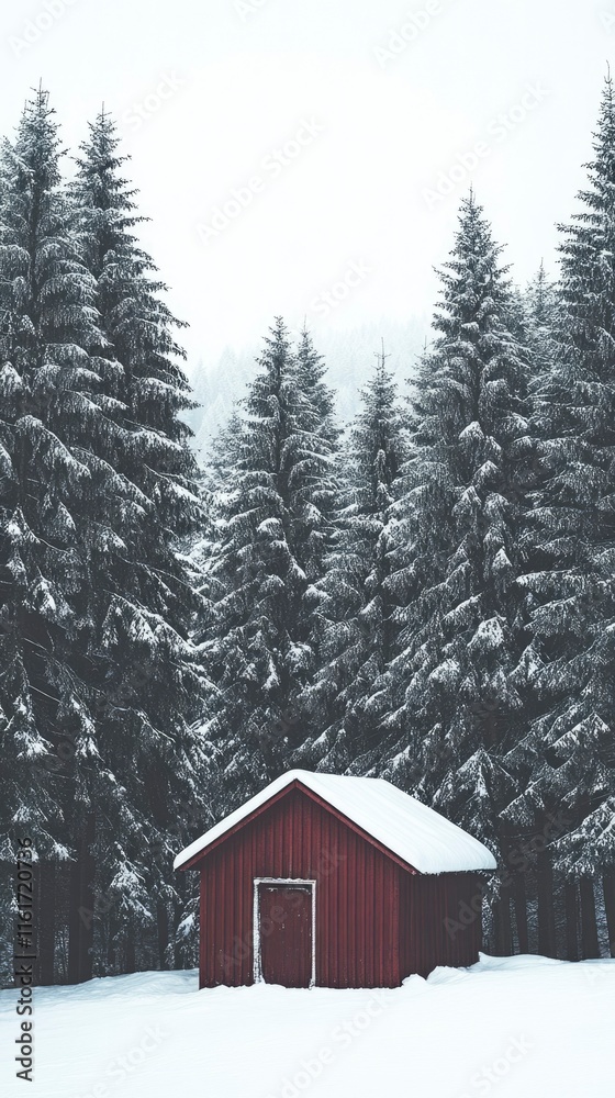 Red Cabin Snow Covered Forest Winter Scene Red Cabin Snow Covered Forest Winter Scene