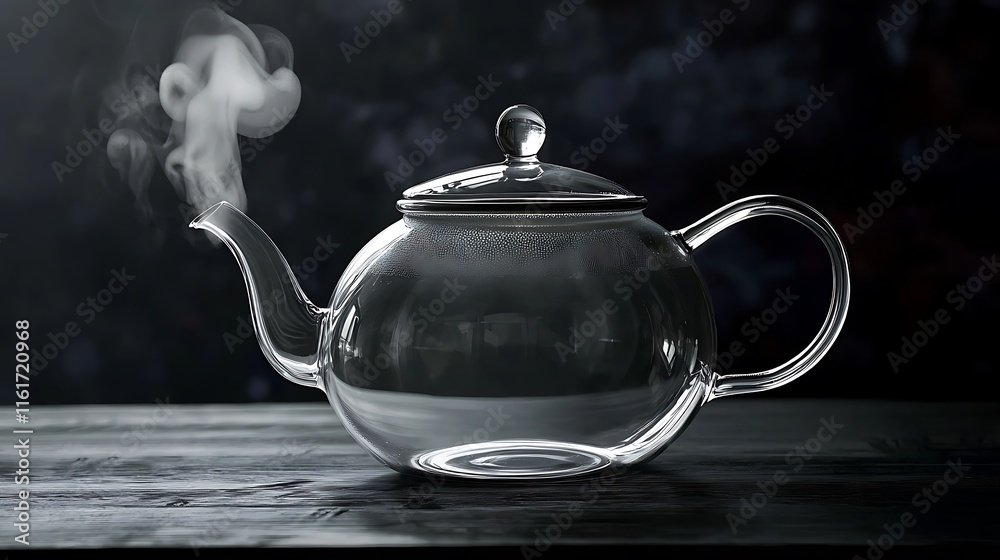 A modern glass teapot with steam rising, placed on a simple black table.
