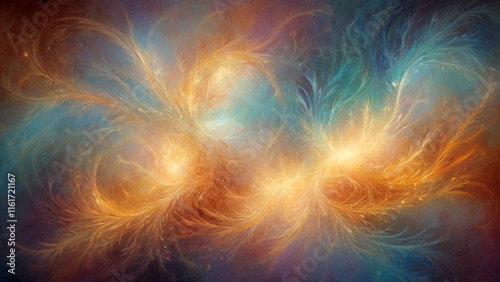 Abstract Fractal Sunburst in Radiant Golden and Blue Hues